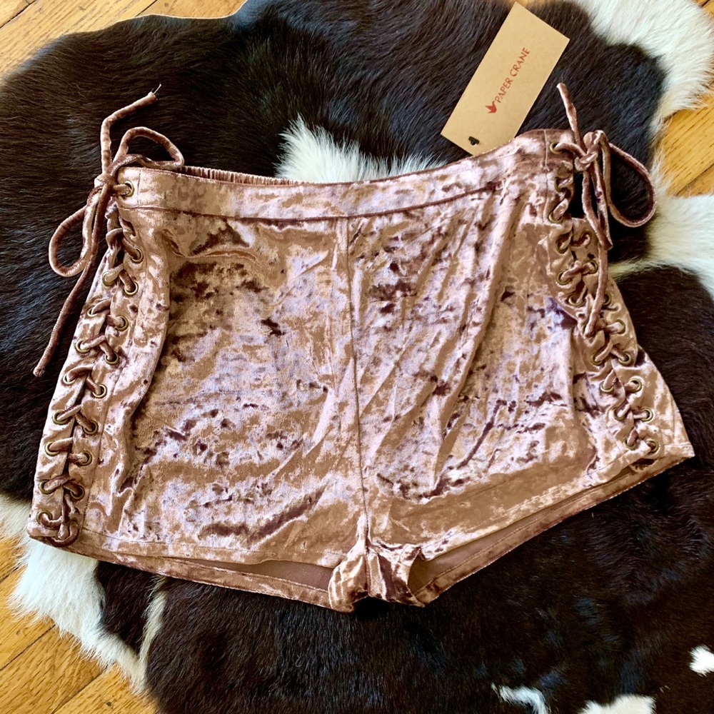 Paper Crane Pink Velvet Shorts w/ Lace Up Ties
